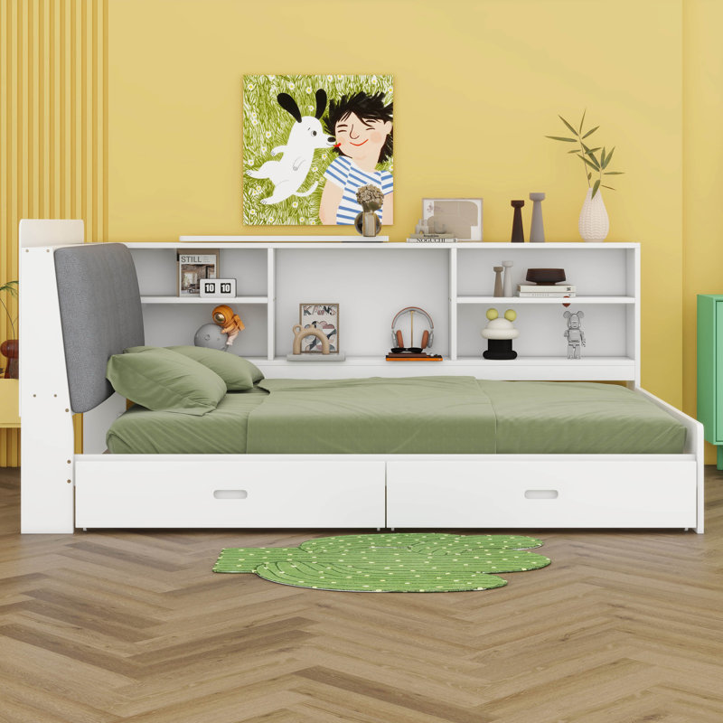 Lit plateforme simple en bois avec tête de lit et tablettes de rangement, cadre de lit multiple avec 2 tiroirs et support à lattes