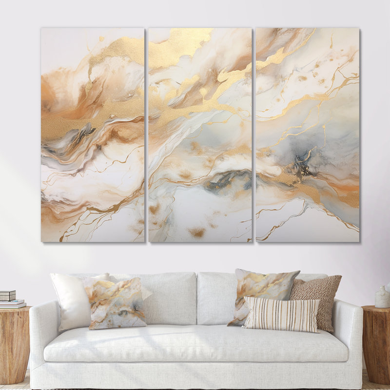 Ensemble de décorations murales géode en pierre beige et doré, Toile tendue, H 40 po x l 60 po x P 1 po