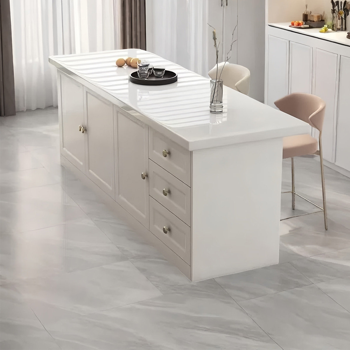 Kitchen Cabinet Marble Top Island Table Koreen Modern Drawer White