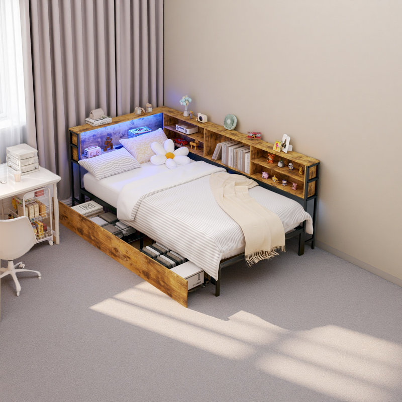 Lit pour enfant avec station de charge et lumière DEL, Lit double, Brun