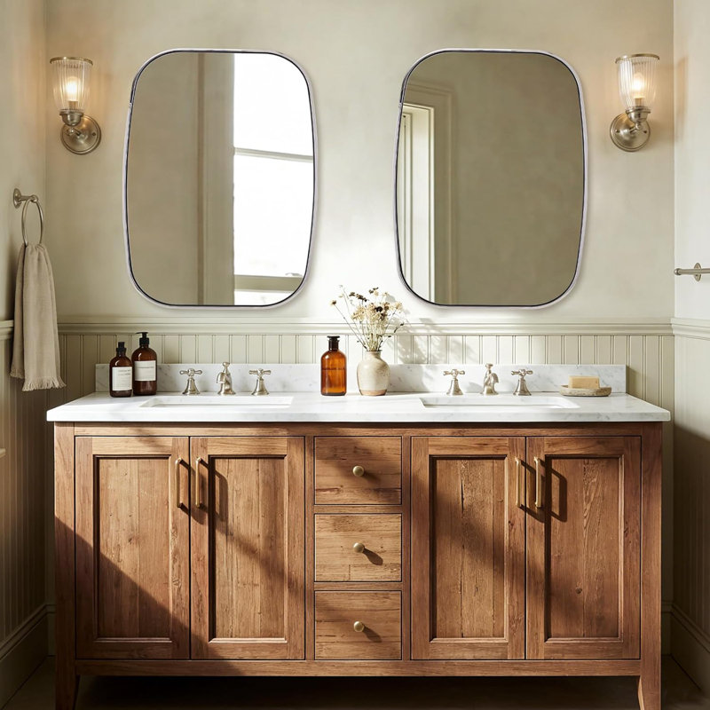 Miroir de salle de bain contemporain | Cadre épais en acier inoxydable, 32 po x 24 po, Chrome poli