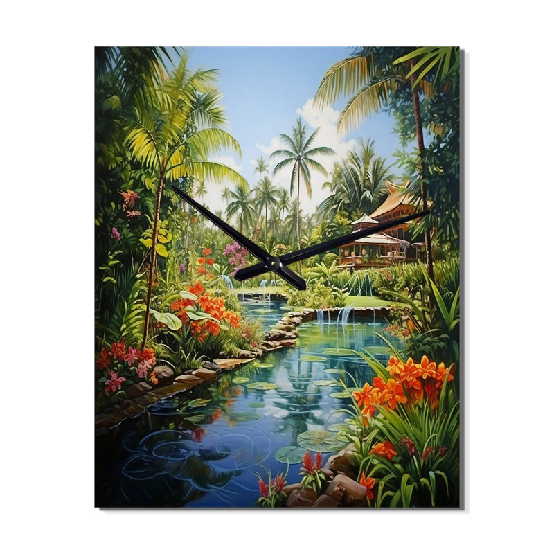 Bali Bliss Landscape II - Horloge murale asiatique surdimensionnée, H 40 po x l 30 po x P 1 po