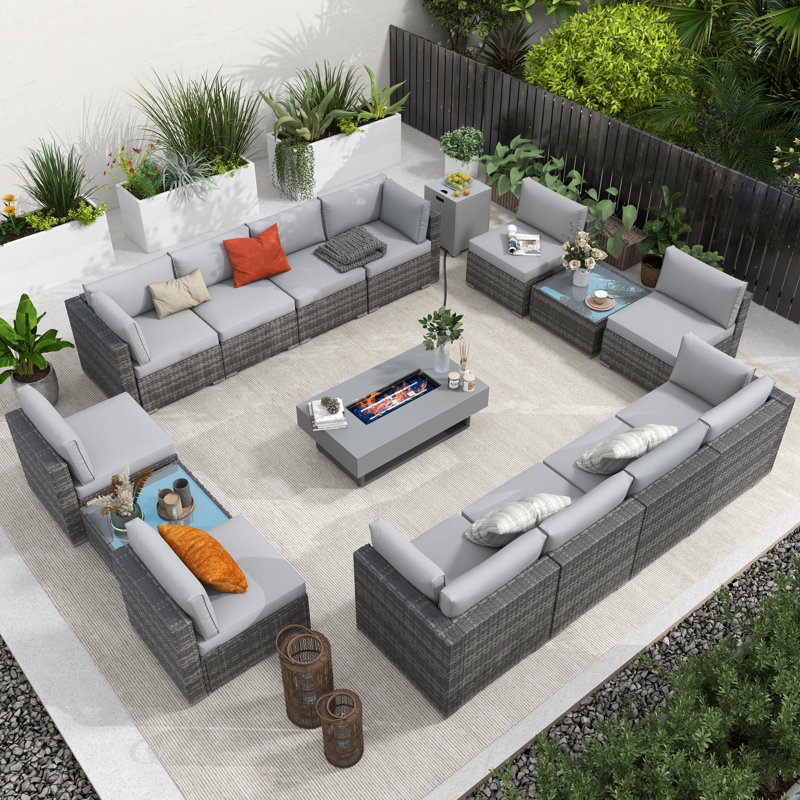 Wicker 12 - Person Outdoor Modular Patio Conversation Set With Fire Pit Table