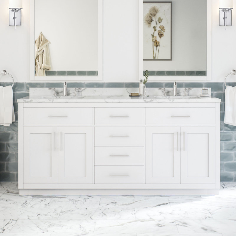 Ensemble de meuble-lavabo autoportant blanc à double cuve 72 po avec plateau en marbre blanc Athea, quincaillerie en nickel brossé Athea