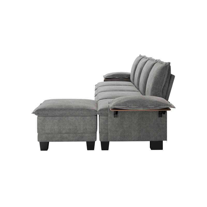 122" Waterproof Chenille L-Shape Sofa With Collapsible Table, 4-Seat Sectional Upholstered Couch With Ottomans For Living Room, Apartment