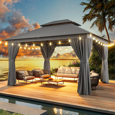 12 Ft. W x 10 Ft. D Outdoor Gazebo With Double Roof, Spacious Canopy With Netting & Curtains, Perfect For Patio, Lawn & Backyard