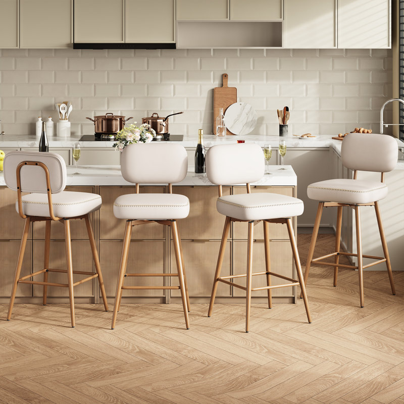Modern Swivel Upholstered Counter Stools with Metal Frame, Beige