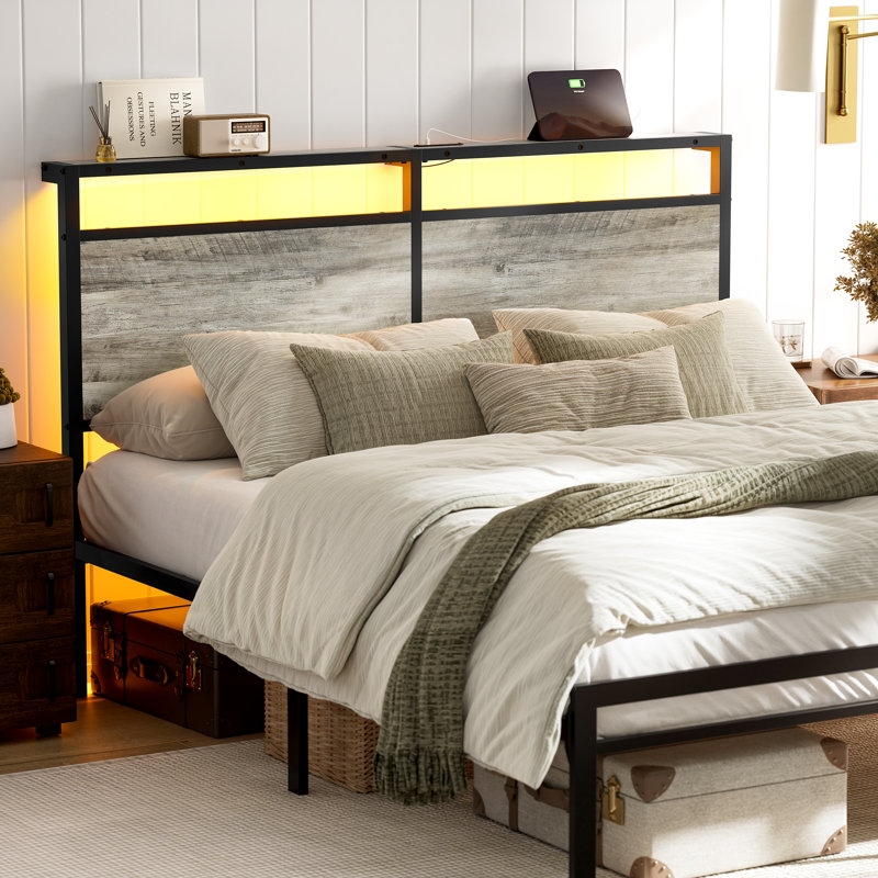 Antioch Metal Platform Bed with LED Light and Charging Station, Queen, Gray