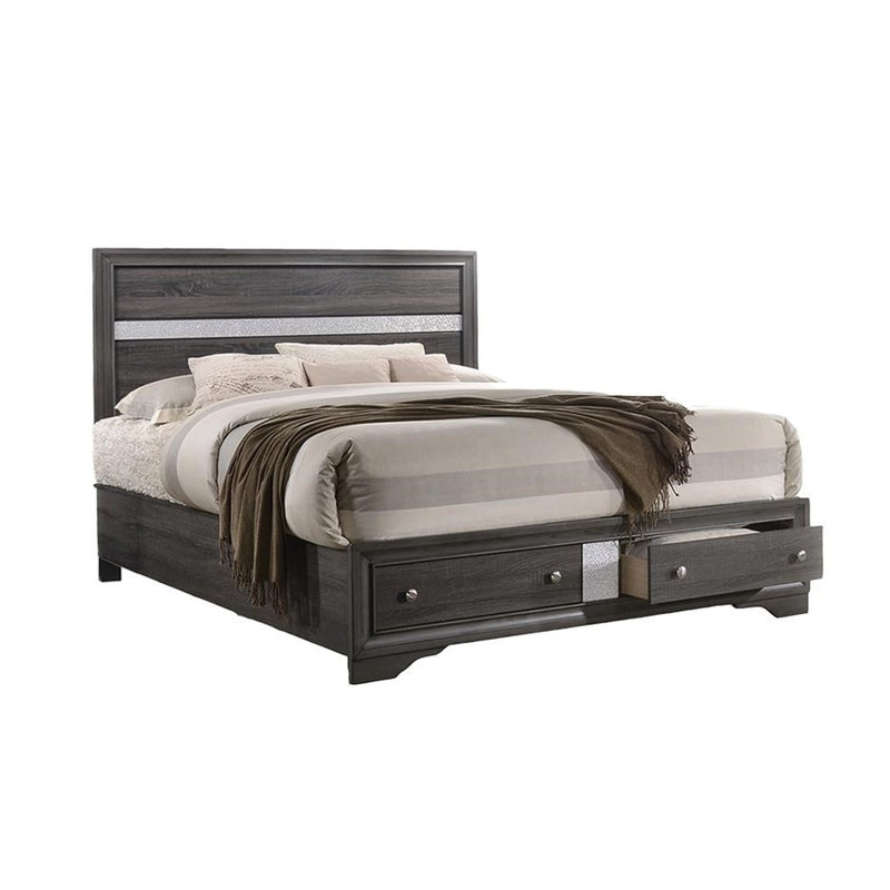 Lit double gris traditionnel avec capacité de rangement et commodité - Bois d'ingénierie en solution pratique