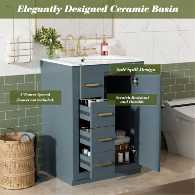 Meuble-lavabo 24 po avec lavabo intégré en céramique, meuble-lavabo à une porte, 3 tiroirs et meuble-lavabo simple pour petite et moyenne salle de bain