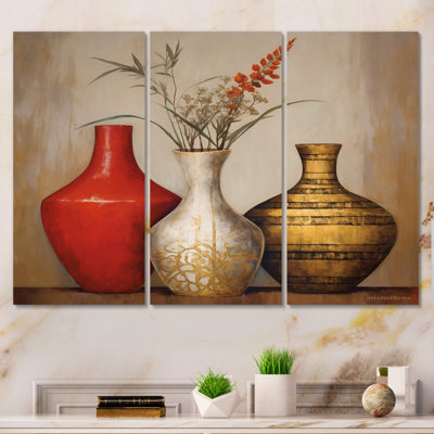 Elton " Still Life Red Gold Vase With Wheat Flowers I " 3 - Pieces
