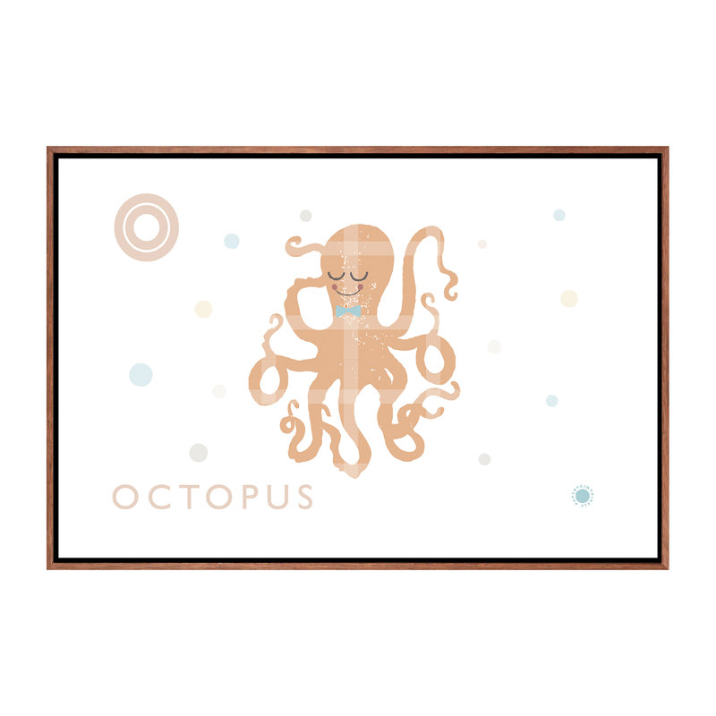 Pieuvre - impression d'art graphique, H 40 po x l 60 po x 1,5 po, Toile avec cadre brun, Pas de tapis