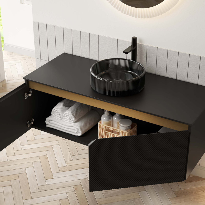 Meuble-lavabo 48 po avec lavabo, armoire de rangement flottante murale, portes doubles en sergé avec garniture en métal, lavabo rond en verre transparent et plateau en pierre frittée