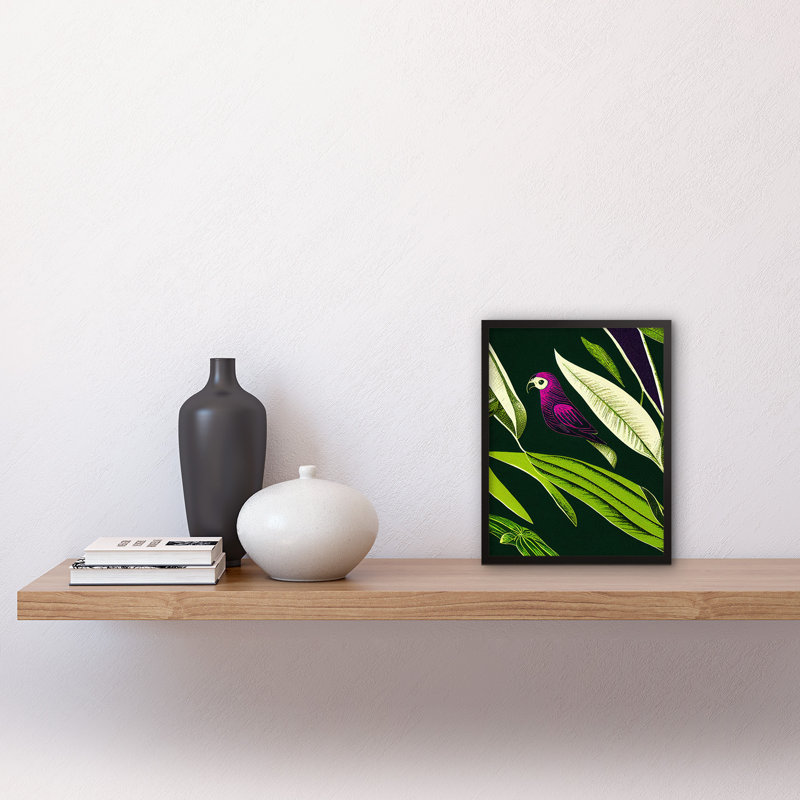 Pink Parrot Tropical Plant Leaves Linocut - Single Picture Frame Print