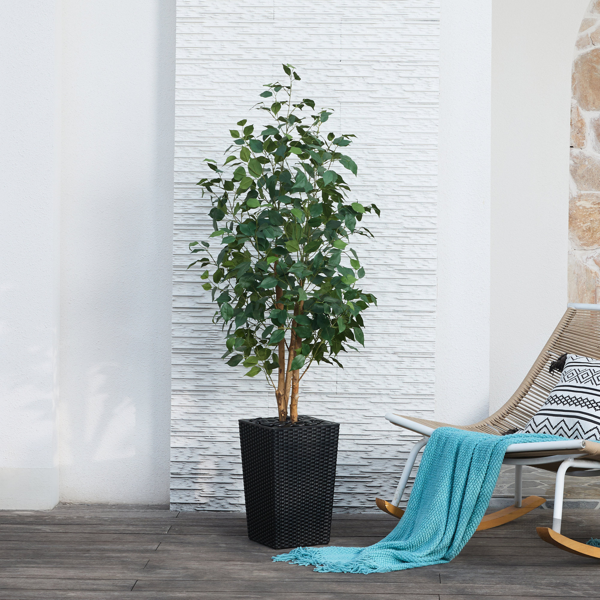 Almont UV Protected Artificial Ficus Tree with Decorative Base, Faux Ficus Plant with Natural Trunk, Black