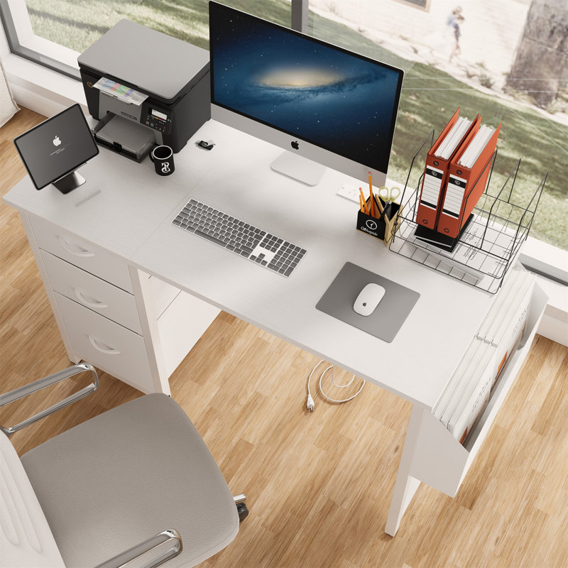 47.3"Office Desk With Power Outlet,3 Drawers,Side Pocket, Study Desk Easy To Assemble,Frame Stability Reversible For Home Desk, Company Computer Desk, Game Table,Vanity Table