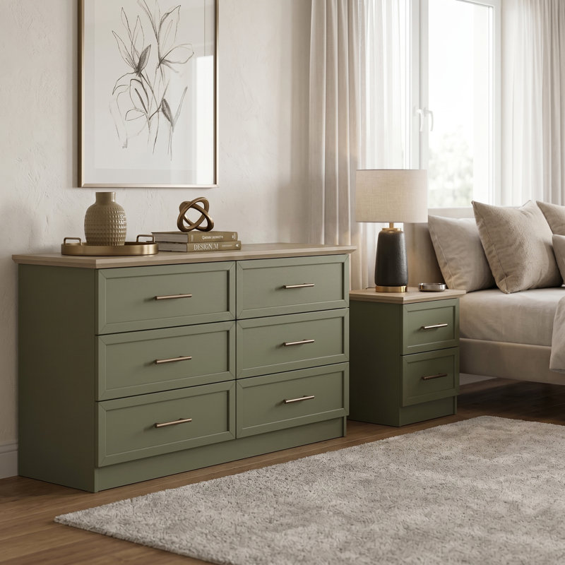 Cleverton Bedside Table And 6 Drawer Chest Bedroom Set, Kale Green