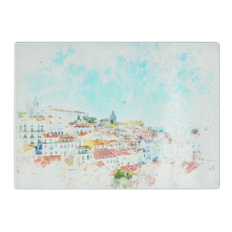 Tempered Glass Skyline of Alfalma Lisbon Portugal Chopping Board, 20 cm x 28.5 cm
