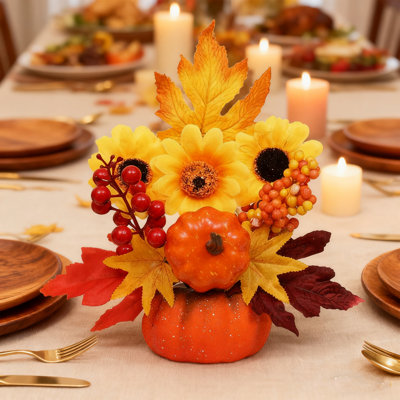 1Pc Sunflower Simulated Pumpkin Desktop Ornament，Fall Centerpieces For Tables, Thanksgiving Table Decorations, For Home Decor Kitchen Tabletop Party