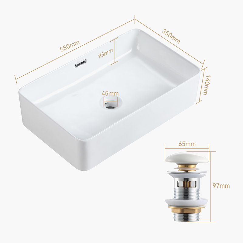HOROW Neidlinger Ceramic Rectangular Sink with Overflow, 14cm H x 55cm L x 35cm W