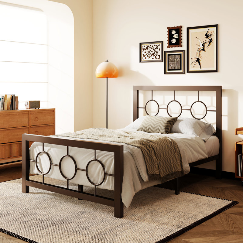 Lit plateforme vintage en métal Avren avec tête et pied de lit, design géométrique, sommier non requis, Lit simple, Brun