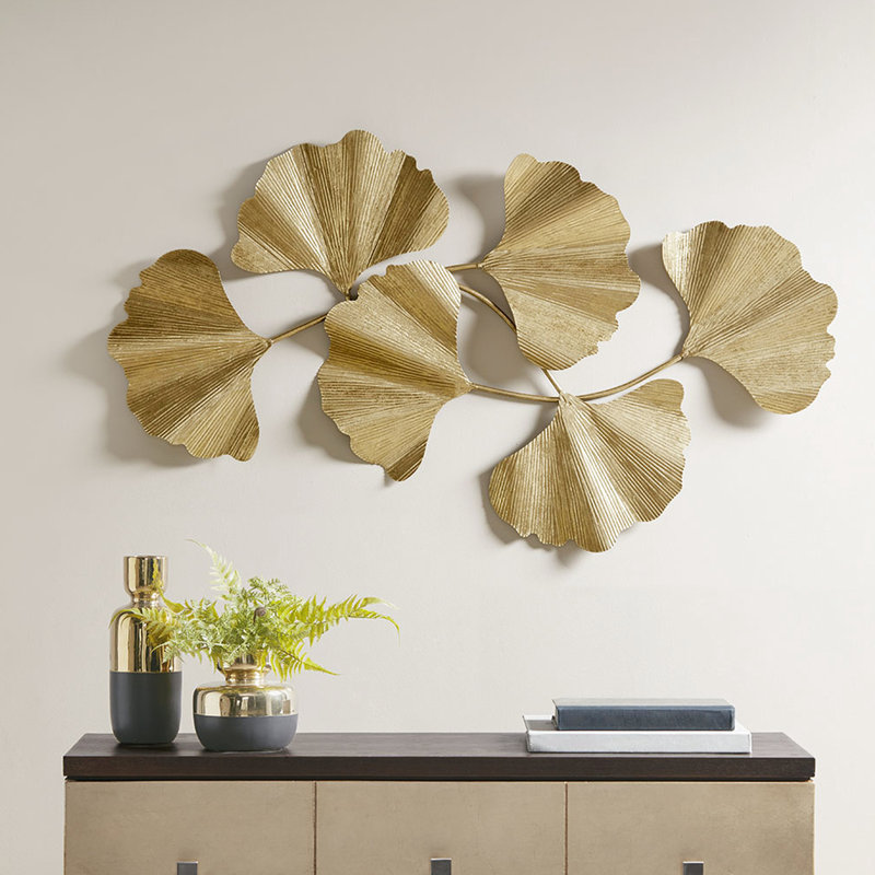 Gold Metal Ginkgo Leaf Wall Accent - 43 Inches In Length, 23.5 Height, 1.6 Depth, Indoor Art Decorated Ornament Long, High, Deep, Spot Clean Only For