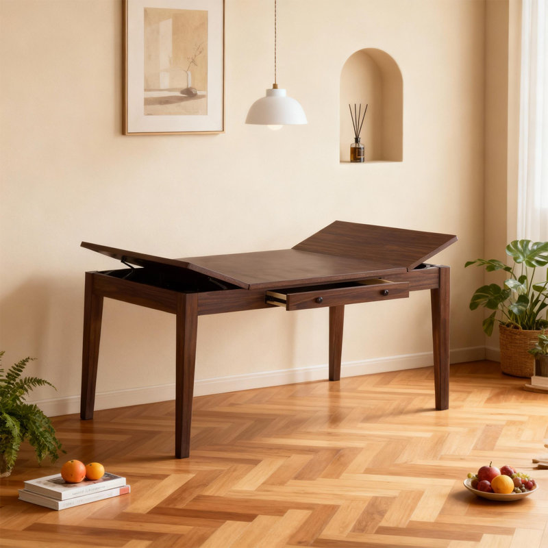 Modern Rectangular Lift-top Storage Dining Table With Drawer, Walnut, 66 Inch - Seats 6