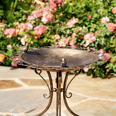 28.75" Tall Ornate Round Iron Birbath with 3 Small Birds "Stephania"