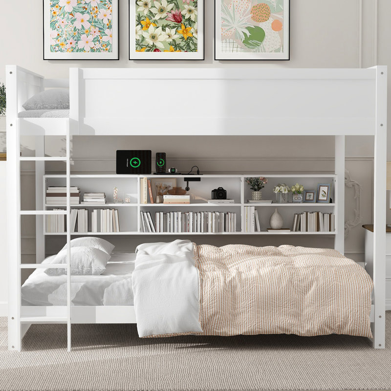Grand lit blanc superposé au dessus d'un lit superposé - stable avec rangement et douilles, Blanc