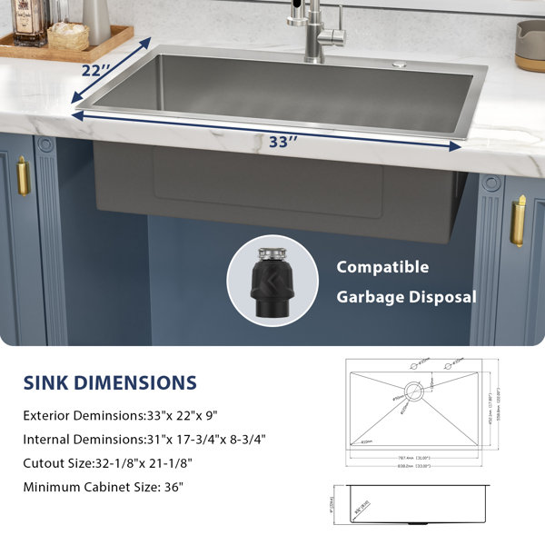 33 Inch Drop In Single Bowl Stainless Steel Kitchen Sink