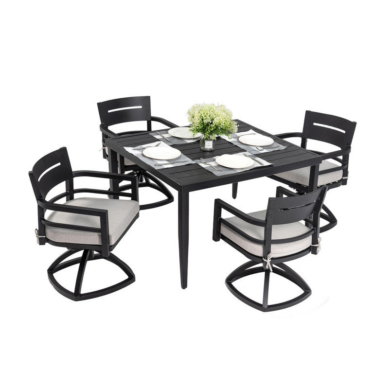 Ensemble de patio moderne en aluminium 5 pièces avec 4 chaises berçantes pivotantes et table de salle à manger carrée de 40 po