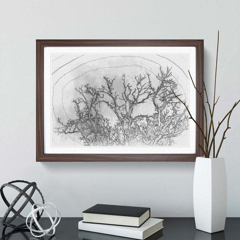 Bird in a Winter Tree in Abstract - Picture Frame Graphic Art Print, 48cm H x 65cm W x 2cm D, Walnut Framed