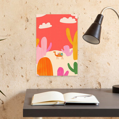Colorful Camel Journey Colorful Playful Whimsical Cactus Landscape Nature Wall Art Print 1 Piece Wrapped Canvas Wall Art