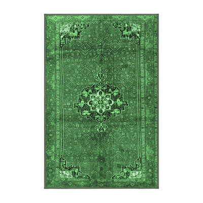 Tapis oriental en laine / polyester tissé à la machine en vert / noir