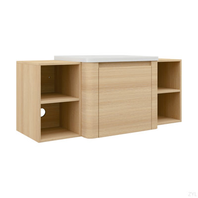Meuble-lavabo mural 48 po avec lavabo en céramique blanche et 2 tablettes de rangement et 1 porte à fermeture en douceur, emballage KD, contreplaqué, chêne blanc américain