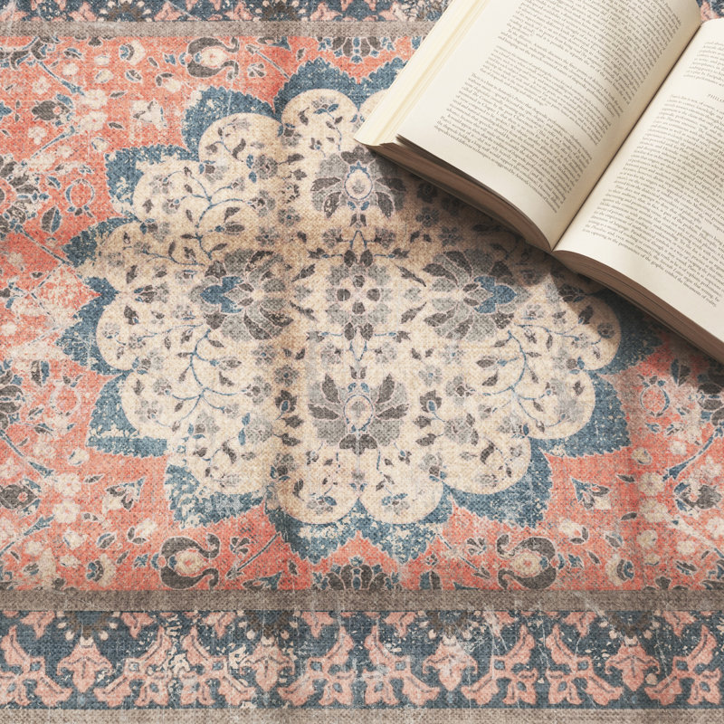 Blue Floral Rectangular Synthetic Washable Area Rug 50" x 20"