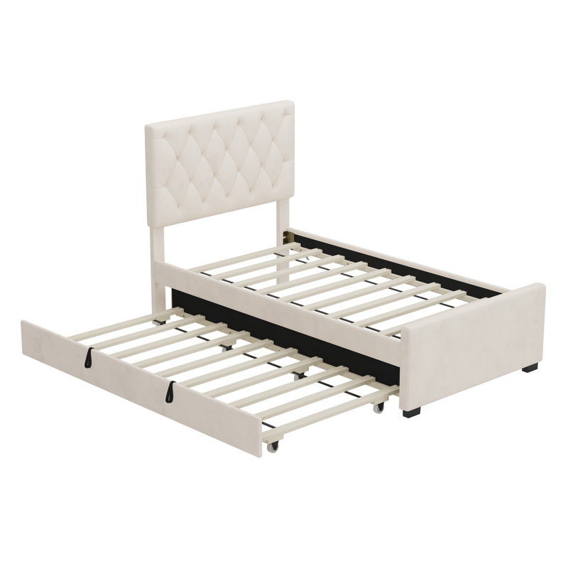 Lit gigogne simple Noralis avec tête de lit capitonnée et velours luxueux