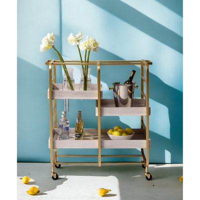 Serving Cart With 3 Wooden Trays On Metal Open Frame Adjustable In & Washed Finish