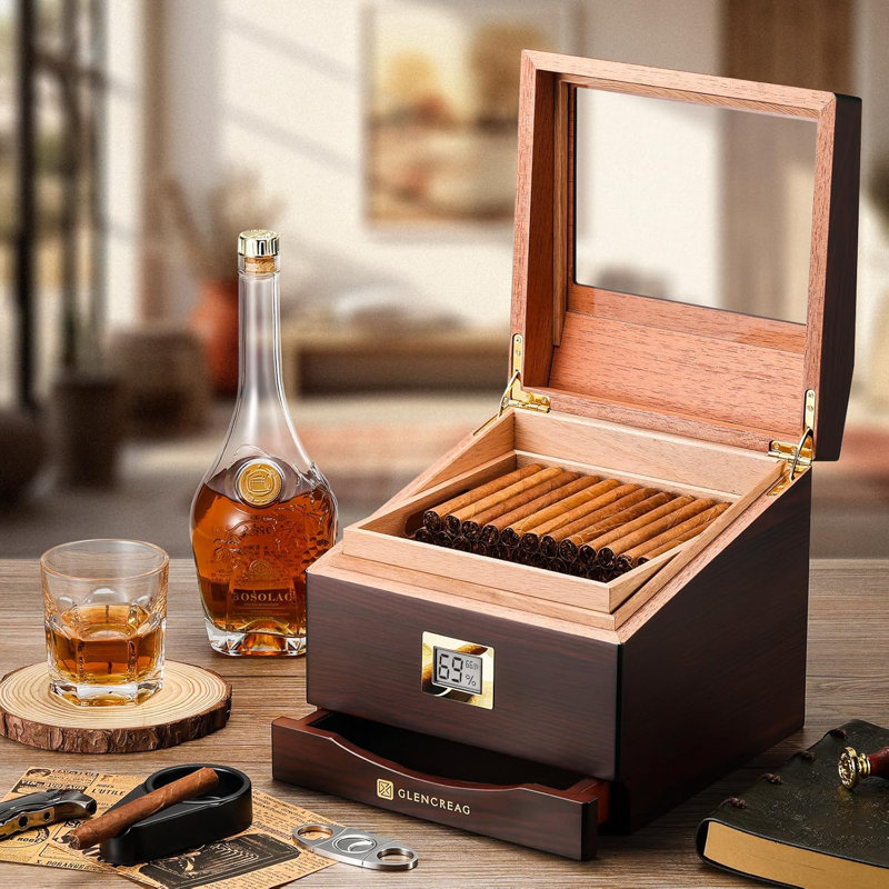 FT-2042 Cigar Humidor Box for 85 Counts, See-Through Design with Spanish Cedar Lining & Divider, Digital Hygrometer