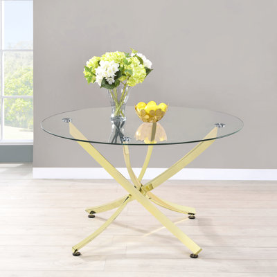 Table de salle à manger ronde pour salle à manger avec design en laiton et transparent - 29,5 pouces de hauteur, 46 de largeur, structure moderne en métal de hauteur, carrée, élégante