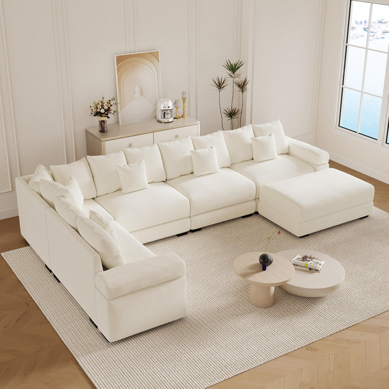 Canapé modulaire surdimensionné en L de 154 po avec repose-pieds en velours côtelé, Beige Corduroy
