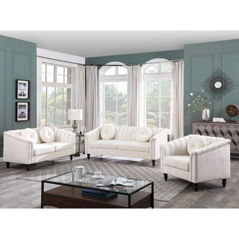 Ginelle 3-Piece White Microfiber Living Room Sofa Set