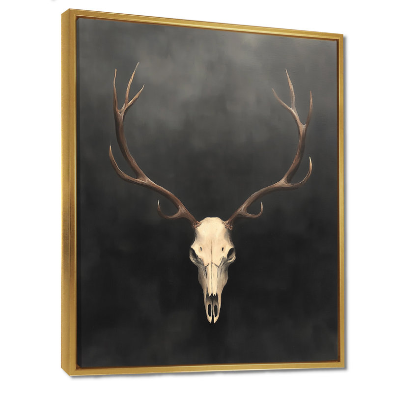 «White Antler Glow», art mural crâne blanc, H 32 po x l 16 po, Cadre flottant, Doré