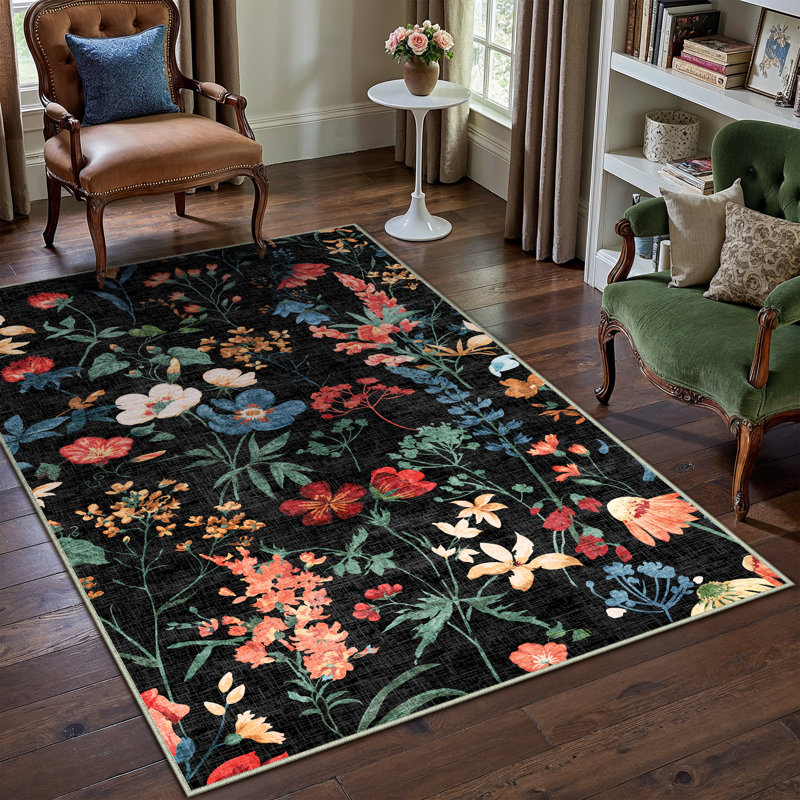 Cherry Machine Washable Floral Area Rug With Non-Slip Backing, Rectangle 3' x 5', Black