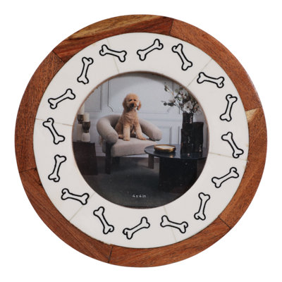 Bone Pattern Round Wood and Iron Photo Frame for Entryway Display - Decorative Picture Frames with Glass Front for Bedroom Display - Ivory & Brown