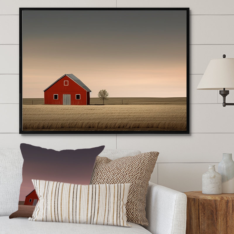 «Red Barn Minimalisme Country Charm», reproduction d'art mural grange_106675, Cadre flottant noir, H 12 po x l 20 po x P 1 po