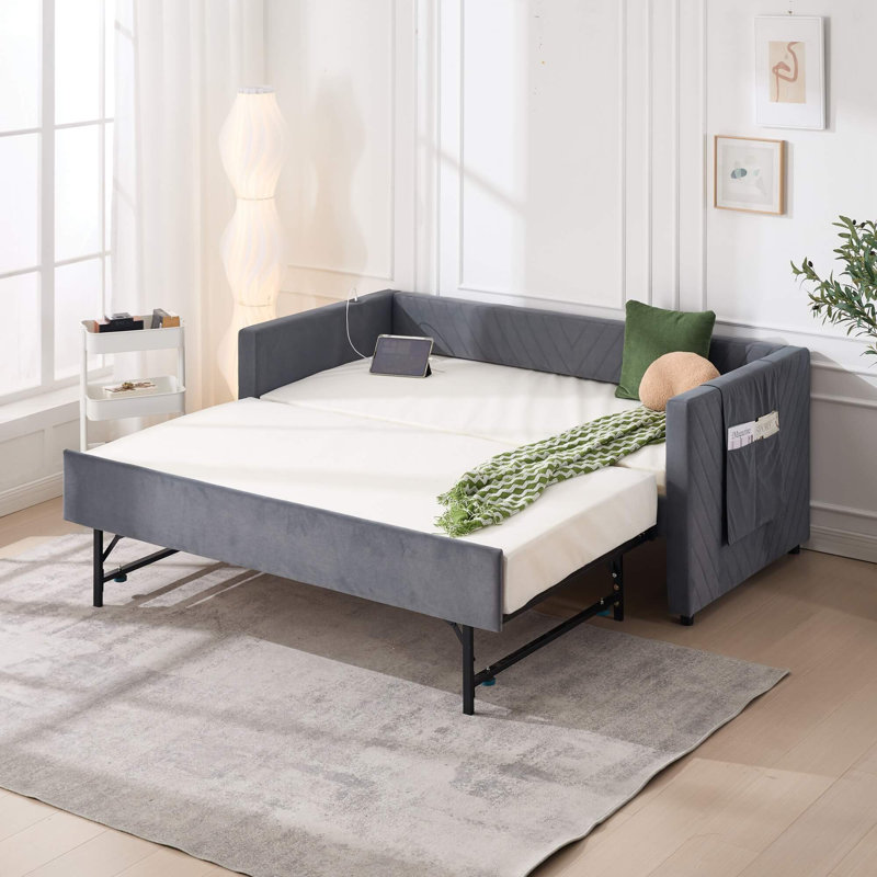 Twin Upholstered Daybed With Trundle, USB Port & Side Pockets – Modern V-Grained Backrest, No Box Spring Needed, Gray