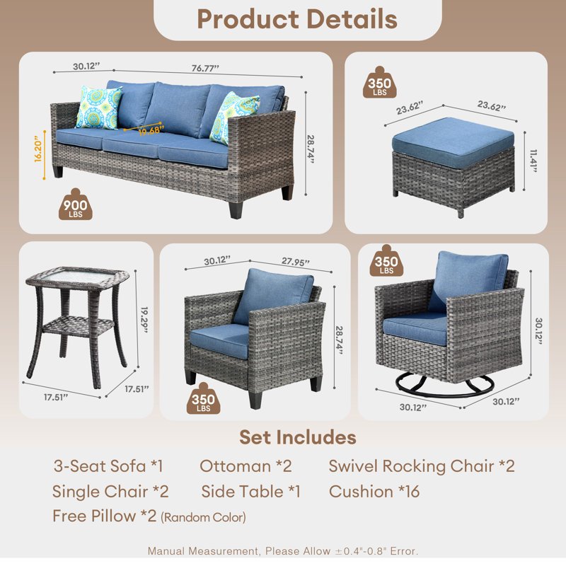 GRS Premium All-Weather Wicker 9 - Person Patio Conversation Set with Cushions, No, Blue