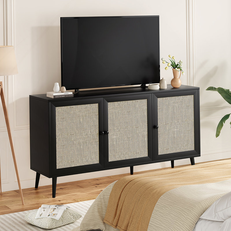Sideboard Buffet Cabinet With 3 Rattan Doors, Kitchen Storage Cabinet For Entryway Living Room, Black