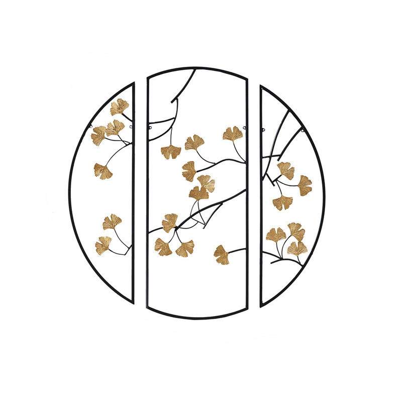 3 décorations murales en métal avec des feuilles de ginkgo dorées sur fond noir